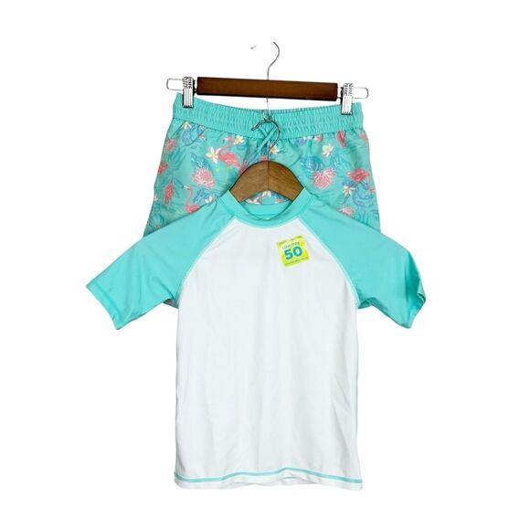 Tommy Bahama Swim Trunks and Rash Guard Flamingos NWT Size 7 - Picture 1 of 6